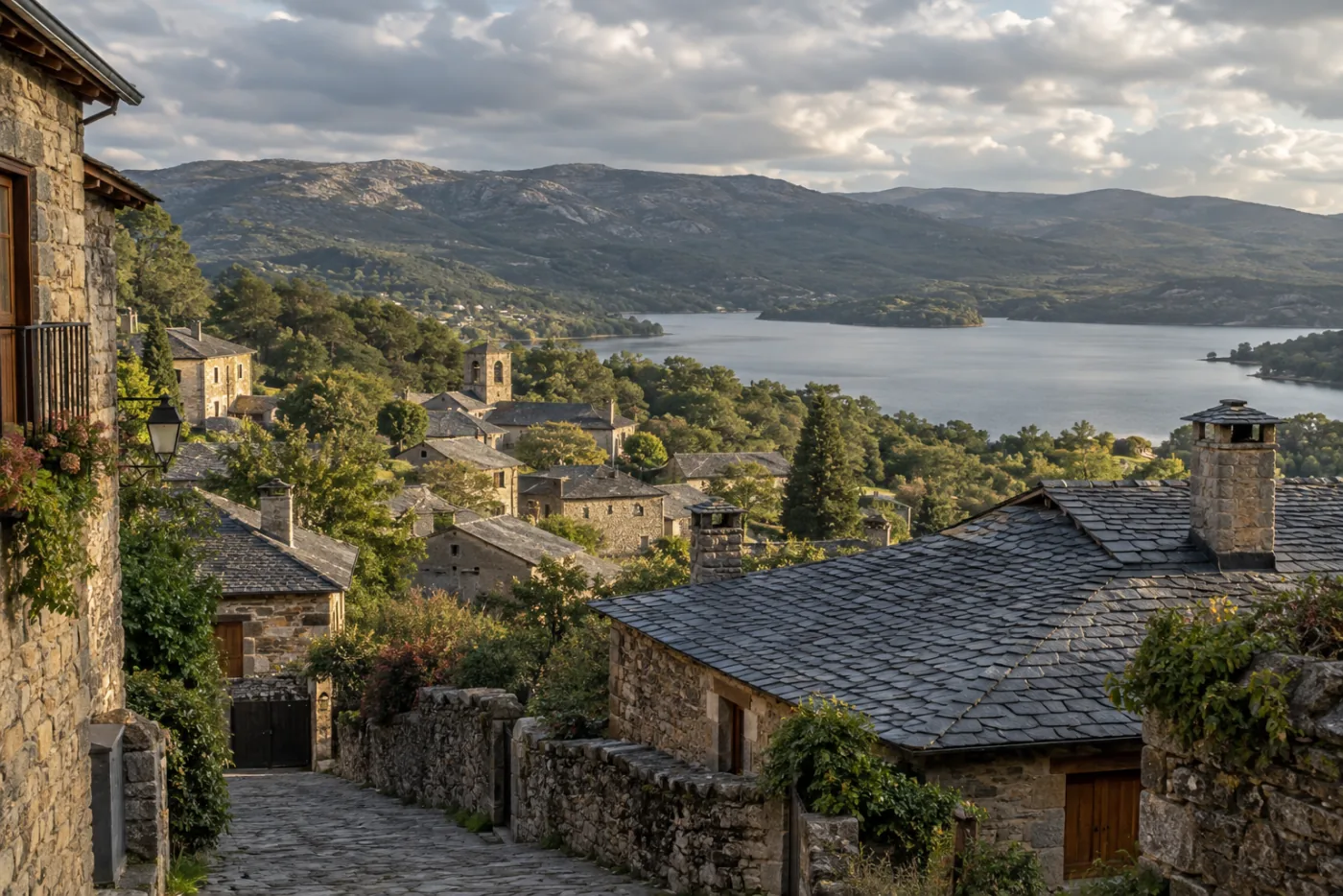 Imagen conceptual temporal de una población de piedra y paisaje de montaña en Sanabria